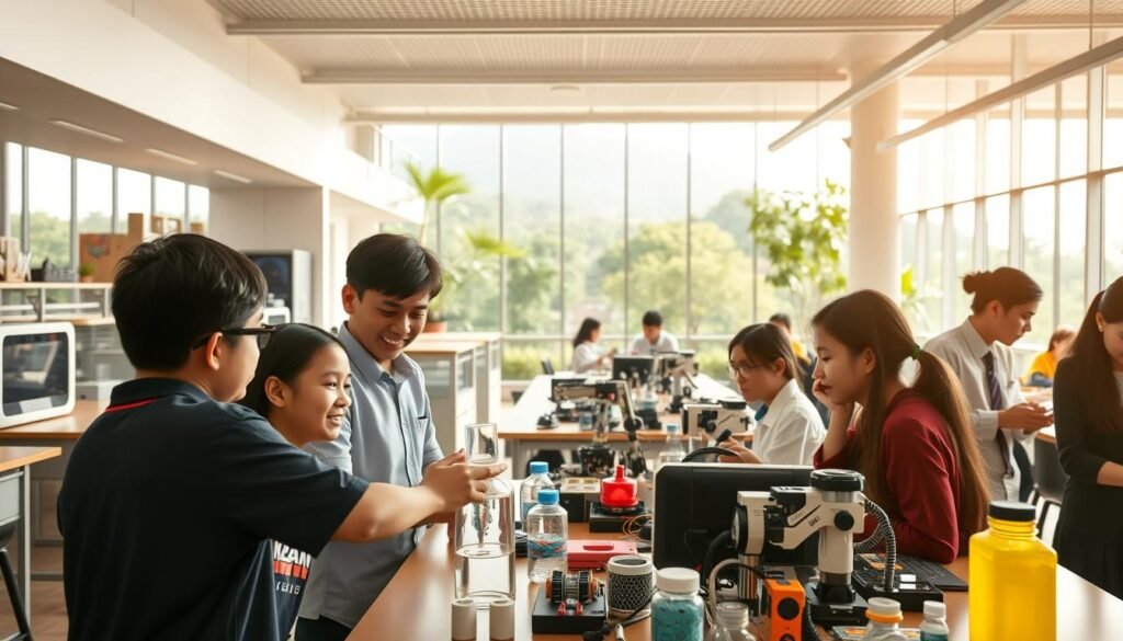 A bustling classroom scene showcasing the best practices of STEM education in Indonesia. In the foreground, a group of engaged students collaborating on a hands-on science experiment, their faces lit with excitement. The middle ground features a well-equipped lab with state-of-the-art technology, including 3D printers and robotic stations. In the background, a panoramic view of the school's modern architecture and lush greenery, creating an inspiring and innovative learning environment. The scene is bathed in warm, natural lighting, conveying a sense of vibrancy and productivity. The overall atmosphere reflects the school's commitment to progressive, student-centered STEM education.