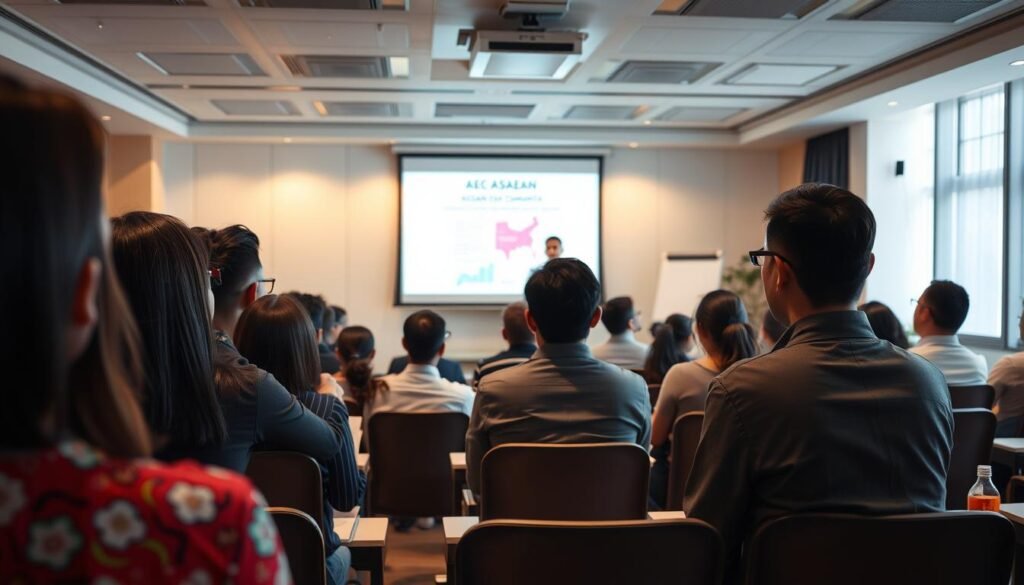 A classroom scene depicting an educational seminar on the ASEAN Economic Community (AEC). In the foreground, a diverse group of students attentively listen to a professor lecturing, their faces lit by warm, soft lighting. The middle ground showcases visual aids such as a projection screen or whiteboard, highlighting key AEC concepts. In the background, the room is filled with modern, minimalist decor, creating a professional yet welcoming atmosphere. The overall mood is one of engaged learning, with a focus on informing and empowering the students about the AEC and its implications.