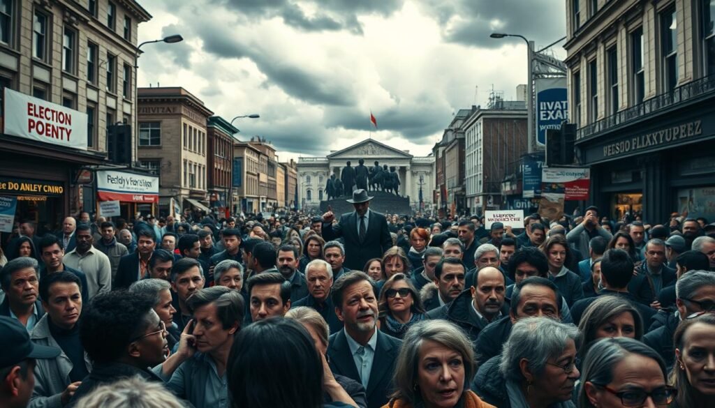 A crowded city street, bustling with people and activity, serves as the backdrop for the social and political impacts of the election schedule separation decision. In the foreground, a diverse group of citizens engaged in passionate debates, their expressions conveying a mix of uncertainty, concern, and determination. Shadowy figures representing political factions loom in the middle ground, their influence palpable. Overhead, storm clouds gather, hinting at the turbulent atmosphere. The scene is captured through a wide-angle lens, emphasizing the scale and complexity of the situation, lit by a moody, dramatic lighting that casts sharp contrasts and long shadows. An air of anticipation and unease permeates the environment, reflecting the high stakes and potential consequences of the landmark ruling.