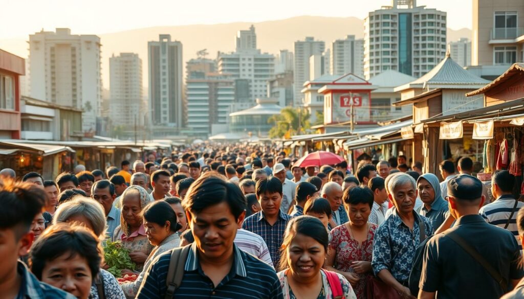 A crowded market scene, bustling with activity. In the foreground, people haggle and barter, their faces animated with lively expressions. The middle ground features a diverse array of vendors, selling an array of goods - from fresh produce to handcrafted wares. In the background, a mix of modern and traditional buildings create a vibrant, urban landscape, hinting at the integration of old and new. Warm, golden sunlight bathes the scene, lending a sense of energy and vibrancy. The overall atmosphere conveys the dynamic impact of the Asean Economic Community on the daily lives of the local community.