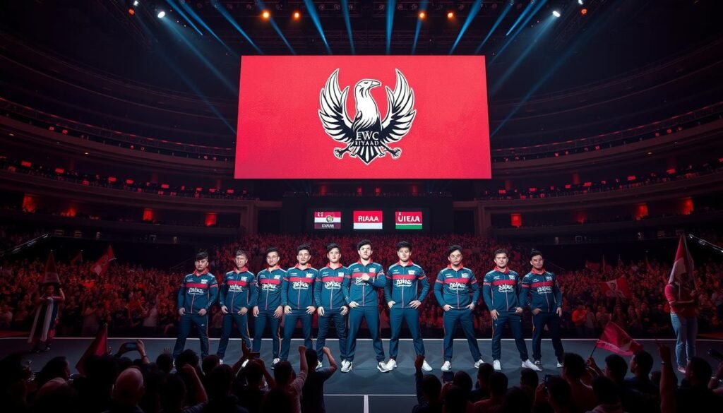 A grand stage with a massive screen showcasing the team logo of the Indonesian esports national team. In the foreground, the players stand proudly, their faces determined and focused, clad in sleek, high-tech uniforms emblazoned with the national colors. The lighting is dramatic, casting dynamic shadows that accentuate their athletic physiques. The middle ground features a crowd of enthusiastic fans waving banners and flags, their cheers and excitement palpable. In the background, the opulent venue of the EWC Riyadh tournament looms, its grand architecture and elegant design providing a fitting backdrop for this momentous occasion. The overall scene exudes a sense of national pride, competitive spirit, and the thrill of international esports competition.