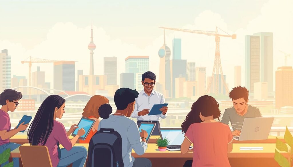A high-resolution digital illustration depicting the concept of digital literacy in the context of civic education. In the foreground, a group of diverse students engaged in collaborative learning, using laptops, tablets, and other digital devices to access educational resources and participate in online discussions. In the middle ground, a teacher guiding the students, emphasizing the importance of responsible and ethical digital behavior. In the background, a cityscape with modern architecture and technology-infused infrastructure, symbolizing the integration of digital literacy into the fabric of civic life. The scene is illuminated by warm, natural lighting, creating a sense of engagement and empowerment. The overall mood is one of discovery, knowledge-sharing, and the seamless integration of digital tools into the educational experience.