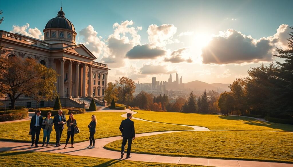 A serene campus scene, featuring a majestic university building with classical architecture and a prominent dome. In the foreground, a group of physics students, dressed in formal attire, engaged in lively discussions. The middle ground showcases a well-manicured lawn, with lush greenery and a winding path leading towards the entrance. Warm, golden sunlight filters through the clouds, casting a soft, inviting glow over the entire scene. The background depicts a picturesque city skyline, hinting at the wider opportunities available to physics graduates. The overall atmosphere conveys a sense of academic excellence, intellectual pursuit, and the promise of bright futures for physics students.
