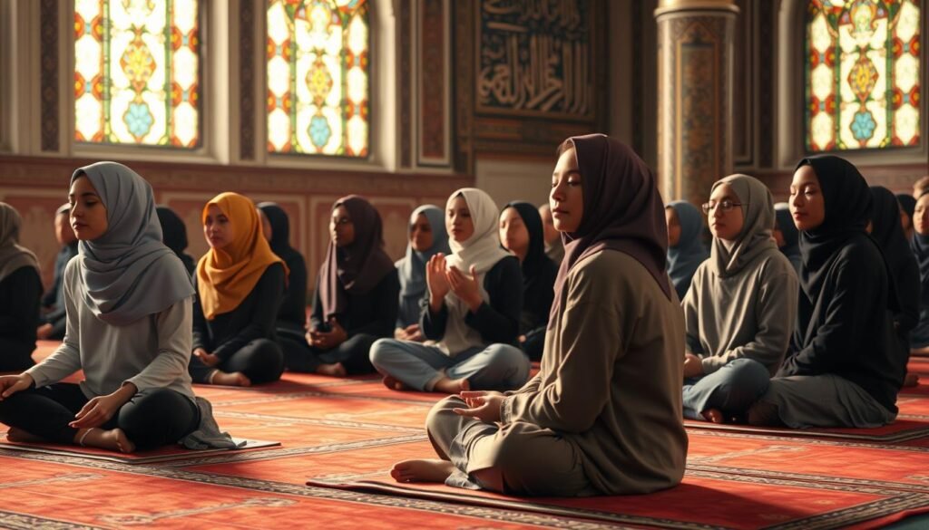 A serene community of young Muslim individuals, deeply engaged in the practice of mindfulness. In the foreground, a group of diverse youths sit cross-legged on plush prayer rugs, their eyes closed in meditative focus. Soft natural light filters through stained-glass windows, casting a warm, contemplative glow. In the middle ground, a young woman guides the group, her hands gently demonstrating breathing techniques. The background reveals a traditional mosque interior, its ornate calligraphy and intricate architectural details evoking a sense of timeless spiritual connection. The overall atmosphere is one of peaceful introspection, as the youths find balance and equilibrium through the principles of mindfulness within their Islamic faith.