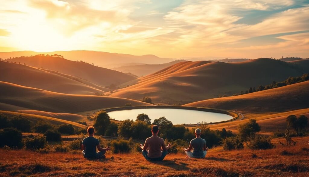 A serene landscape of rolling hills and lush greenery, bathed in a warm, golden glow. In the foreground, a group of people sit in a meditative pose, their auras emanating a peaceful, calming energy. The middle ground features a tranquil pond, its surface reflecting the surrounding nature. In the background, a vibrant, colorful sky with wispy clouds creates a sense of harmony and tranquility. The scene is captured with a soft, dreamy lens, evoking a sense of wonder and contemplation. The overall atmosphere is one of serenity, balance, and the captivating power of the aura farming experience.