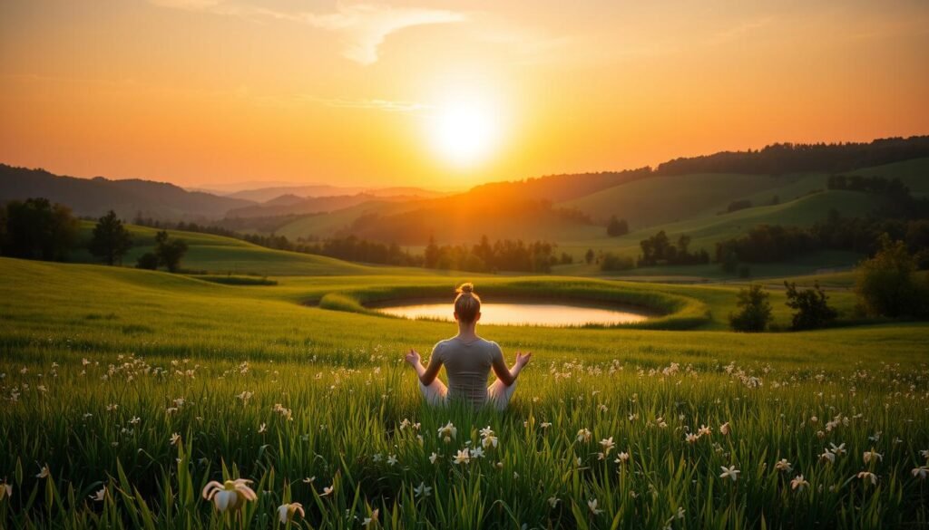 A serene, verdant field under a warm, golden sunset. In the foreground, a figure sits cross-legged, their aura radiating a soothing, ethereal glow. Surrounding them, delicate flowers bloom, their petals catching the soft light. In the middle ground, a tranquil pond reflects the sky's hues, its surface like a mirror. In the background, rolling hills and lush forests create a sense of harmony and balance. The scene exudes a calming, meditative atmosphere, inviting the viewer to experience the peaceful essence of aura farming.