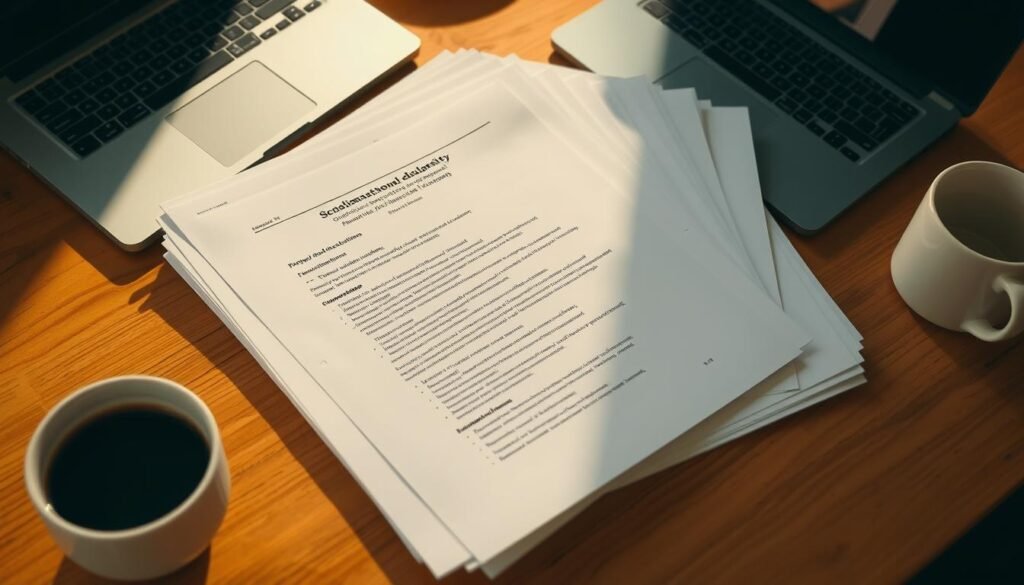 A stack of official-looking documents and forms, neatly arranged on a wooden desk. The pages are crisp and clean, with clear headings and sections detailing the requirements for a prestigious scholarship program. A laptop and a cup of coffee sit beside the paperwork, creating a professional academic atmosphere. Warm, directional lighting illuminates the scene, casting subtle shadows and highlights that emphasize the importance of the task at hand. The composition is balanced and visually appealing, drawing the viewer's attention to the key details of the application process.