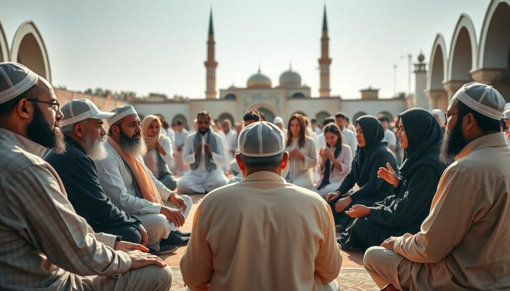 A tranquil and serene Islamic community gathering, bathed in warm, natural lighting. In the foreground, a group of men and women sit together in a circle, engaged in contemplative discussion. Their expressions are calm and focused, reflecting the principles of mindfulness. In the middle ground, younger members of the community participate in prayer and recitation, their movements graceful and rhythmic. The background features the minarets and domes of a mosque, casting long shadows that add depth and a sense of timelessness to the scene. The overall atmosphere is one of harmony, spiritual connection, and a shared commitment to the principles of Islam.