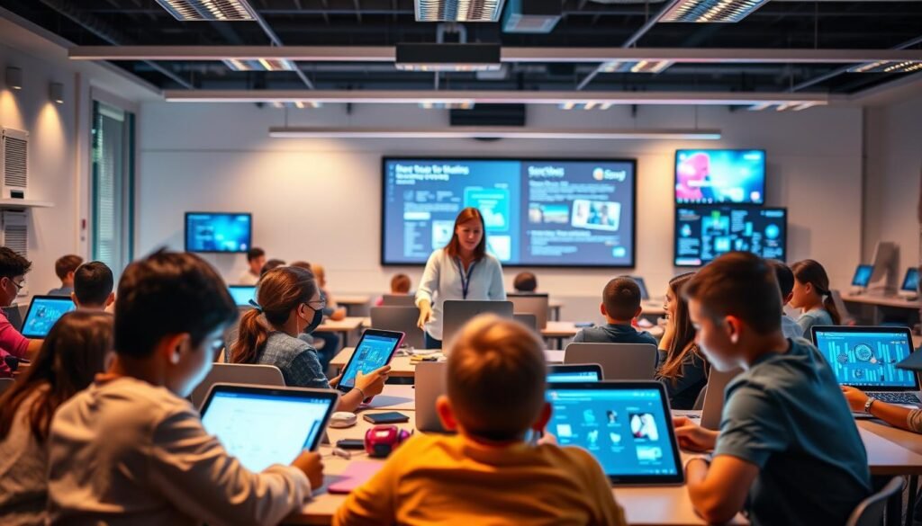 A vibrant digital classroom, filled with engaged students immersed in interactive learning experiences. In the foreground, a group of students collaboratively using tablets and laptops, their faces illuminated by the glow of digital screens. In the middle ground, a teacher guiding the lesson, facilitating discussions and demonstrating the use of educational technology. The background showcases a modern, well-equipped classroom with sleek desks, high-tech displays, and an atmosphere of focused productivity. The lighting is warm and inviting, creating a sense of excitement and possibility around the successful integration of digital tools into the educational process.