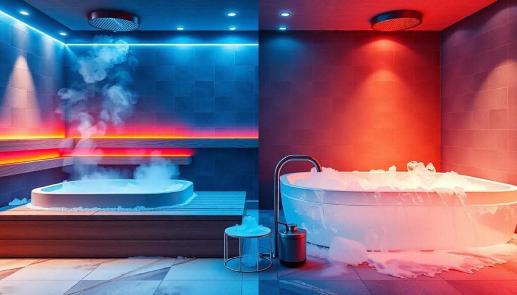 Contrast therapy setup showing hot and cold treatment options for muscle recovery