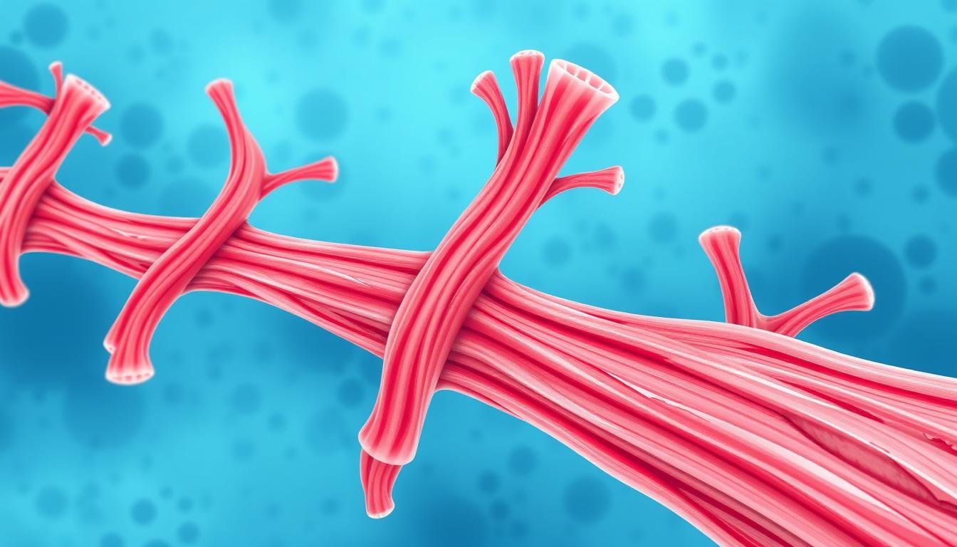 Microscopic view of muscle fibers repairing after exercise, showing the muscle recovery process