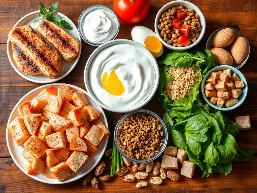 Various high-protein foods arranged on a table for muscle recovery nutrition