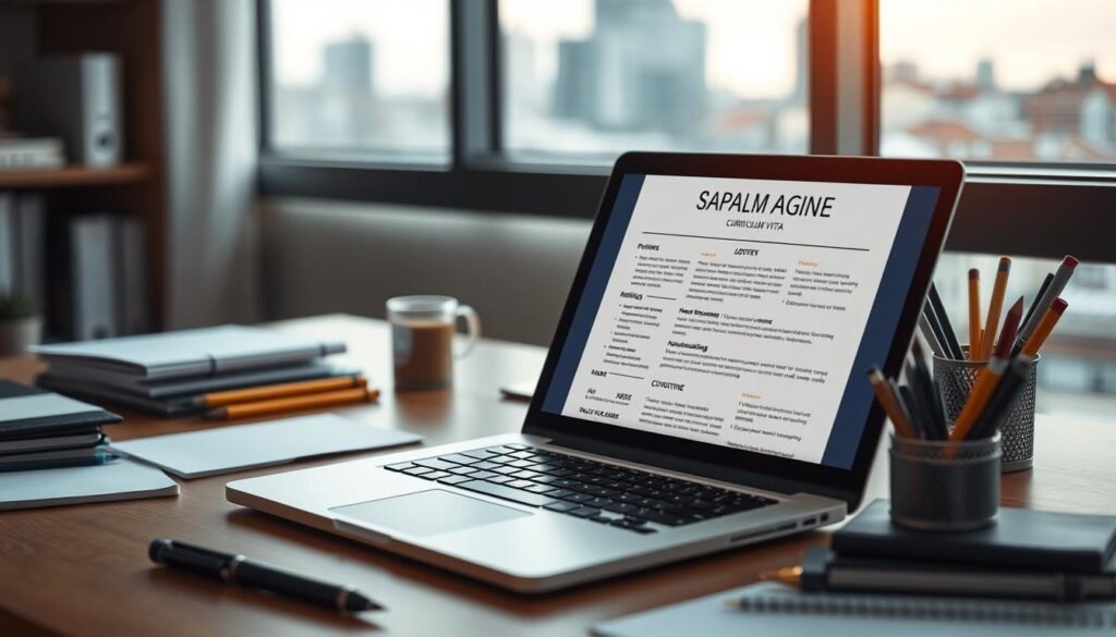 A sleek, professional-looking laptop rests on a tidy desk, surrounded by a neatly organized array of office supplies. The display showcases a well-designed curriculum vitae, with clean typography, strategic use of whitespace, and carefully curated sections. Warm, diffused lighting from a nearby window casts a soft, inviting glow across the scene, creating a sense of focus and productivity. In the background, a blurred cityscape suggests a modern, urban setting, conveying the digital, online nature of the job application process. The overall composition evokes a polished, thoughtful approach to preparing a standout CV for online job opportunities.