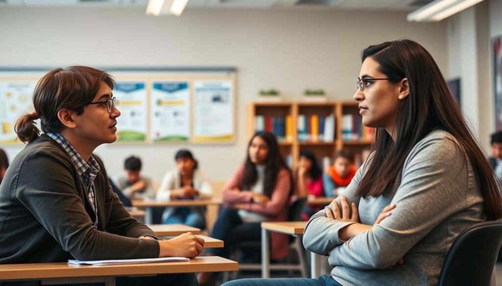 A thoughtful career guidance session taking place in a modern, well-lit classroom. In the foreground, a teacher sits across from a student, engaged in a deep discussion, their expressions earnest and attentive. The middle ground features educational posters and a bookshelf filled with resources, conveying a sense of academic purpose. The background is softly blurred, but suggests a diverse student body, hinting at the inclusive nature of the guidance process. The overall atmosphere is one of warmth, professionalism, and a shared commitment to empowering the student's future.