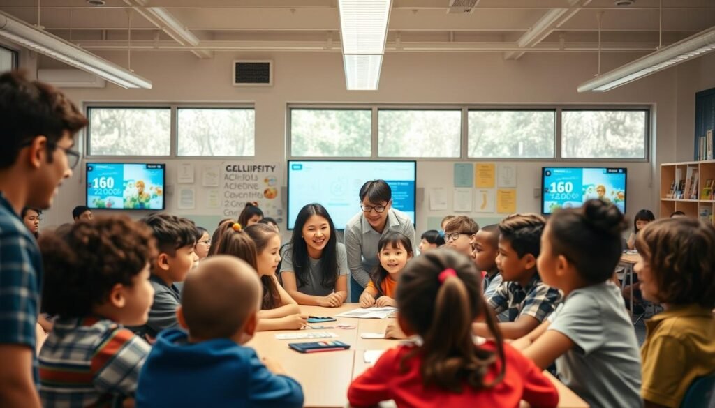 A vibrant classroom scene, with students and teachers engaged in a collaborative learning experience. In the foreground, a diverse group of students are gathered around a central table, their faces alight with curiosity and enthusiasm as they discuss and explore new concepts. The middle ground features a teacher guiding the students, their body language conveying a sense of adaptability and responsiveness to the students' needs. The background showcases a well-equipped, modern classroom with digital displays and educational resources, symbolizing the integration of technology and innovation in the educational process. Soft, natural lighting filters in through large windows, creating a warm and inviting atmosphere that fosters a sense of learning and growth.