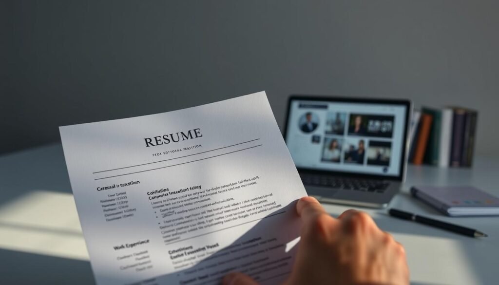 A well-crafted curriculum vitae showcasing a career transition, set against a minimalist backdrop. In the foreground, a hand carefully arranging resume sections - education, work experience, skills - to highlight a shift in focus. Subtle hues of gray and blue create a professional, contemplative atmosphere, while soft lighting from the side casts strategic shadows, emphasizing the thoughtful curation of this pivotal document. The middle ground features a laptop or tablet displaying relevant job postings, evoking the research and planning behind a successful career change. In the background, a bookshelf or office supplies hint at the resources and guidance available to guide this transformation. An image that visually encapsulates the care and consideration required to craft a CV for a career pivot.