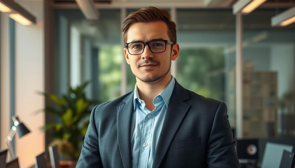 A well-dressed system engineer, standing confidently in a modern office environment, surrounded by technology. The scene is lit with warm, ambient lighting, capturing the individual's focus and professionalism. The background features a sleek, minimalist design with a blend of natural and artificial elements, reflecting the subject's expertise in the field of technology. The composition emphasizes the engineer's role, status, and the potential for a successful career in the industry.