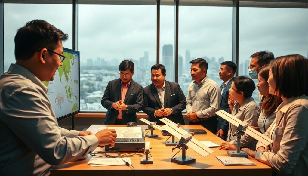 A collaborative scene depicting Indonesian government officials engaged in strategic discussions about distributing Starlink satellite internet during a disaster response, set in a modern office environment. In the foreground, a diverse group of officials in professional business attire examines maps and data on a large screen, showcasing a sense of urgency and teamwork. The middle ground features digital communication devices and models representing satellite connections. The background includes large windows with a view of urban Indonesia, subtly indicating a challenging weather scenario outside. The lighting is bright and focused, emphasizing the seriousness of the situation, while a warm tone evokes a sense of hope and community. The atmosphere is dynamic and positive, reflecting collaborative efforts in crisis management. A collaborative scene depicting Indonesian government officials engaged in strategic discussions about distributing Starlink satellite internet during a disaster response, set in a modern office environment. In the foreground, a diverse group of officials in professional business attire examines maps and data on a large screen, showcasing a sense of urgency and teamwork. The middle ground features digital communication devices and models representing satellite connections. The background includes large windows with a view of urban Indonesia, subtly indicating a challenging weather scenario outside. The lighting is bright and focused, emphasizing the seriousness of the situation, while a warm tone evokes a sense of hope and community. The atmosphere is dynamic and positive, reflecting collaborative efforts in crisis management.