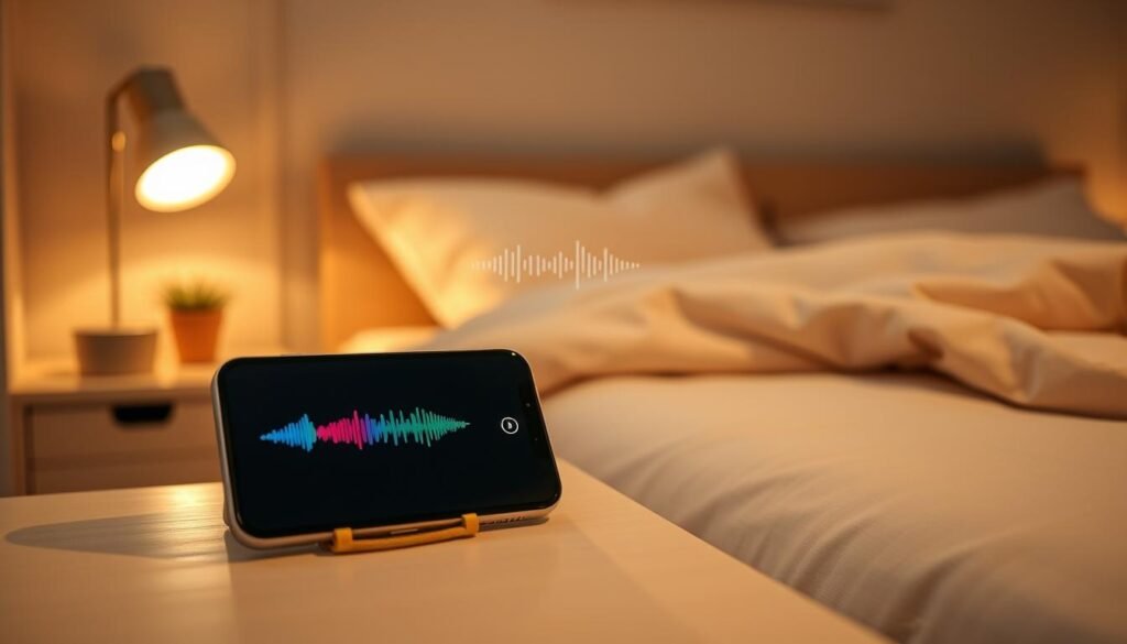 A cozy and inviting bedroom scene featuring a modern iPhone on a bedside table, displaying the custom tone alarm interface. In the foreground, the phone's screen is brightly lit, showcasing a colorful waveform graphic, symbolizing the custom tone. The middle section has soft, ambient lighting with a gentle alarm soundwave subtly illustrated in the air, creating a sense of awakening. The background reveals a tranquil bedroom with warm tones, a neatly-made bed, and soft pillows, accentuating a peaceful morning atmosphere. The composition is shot from a slight angle to capture both the phone and the inviting environment. The mood is serene, emphasizing the pleasant experience of waking up to a personal sound. A cozy and inviting bedroom scene featuring a modern iPhone on a bedside table, displaying the custom tone alarm interface. In the foreground, the phone's screen is brightly lit, showcasing a colorful waveform graphic, symbolizing the custom tone. The middle section has soft, ambient lighting with a gentle alarm soundwave subtly illustrated in the air, creating a sense of awakening. The background reveals a tranquil bedroom with warm tones, a neatly-made bed, and soft pillows, accentuating a peaceful morning atmosphere. The composition is shot from a slight angle to capture both the phone and the inviting environment. The mood is serene, emphasizing the pleasant experience of waking up to a personal sound.