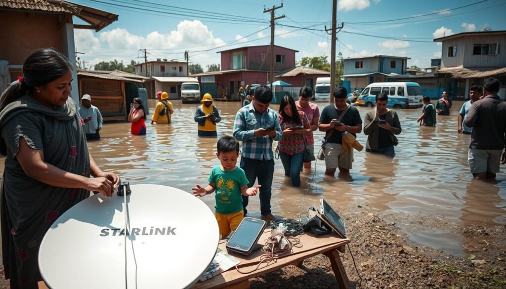 A scene depicting a diverse group of people accessing free Starlink internet services in a flood-affected area. In the foreground, a woman in modest casual clothing is setting up a Starlink satellite dish on a makeshift table, while a child observes curiously. In the middle ground, several individuals are gathered around portable devices, excitedly connecting to the internet. The background showcases flooded buildings and emergency responders, creating a stark contrast. Bright, hopeful lighting signifies a new beginning amidst the adversity, while a blue sky peeks through. The atmosphere conveys resilience and community support, focusing on technology providing connectivity in times of crisis. A scene depicting a diverse group of people accessing free Starlink internet services in a flood-affected area. In the foreground, a woman in modest casual clothing is setting up a Starlink satellite dish on a makeshift table, while a child observes curiously. In the middle ground, several individuals are gathered around portable devices, excitedly connecting to the internet. The background showcases flooded buildings and emergency responders, creating a stark contrast. Bright, hopeful lighting signifies a new beginning amidst the adversity, while a blue sky peeks through. The atmosphere conveys resilience and community support, focusing on technology providing connectivity in times of crisis.