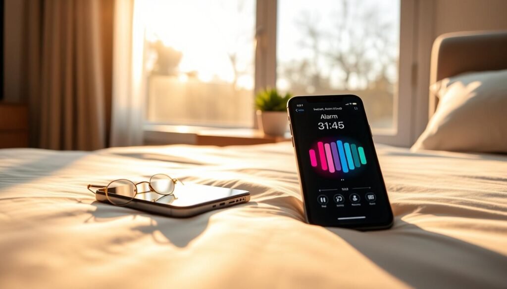 A serene bedroom setting at dawn, featuring a sleek iPhone displaying the alarm app with a vibrant and colorful sequence of gradual alarm sounds. In the foreground, the phone rests on a soft white duvet, reflecting a cozy and inviting atmosphere. The middle section includes a stylish bedside table adorned with a small potted plant and a pair of reading glasses, emphasizing a calm morning routine. The background showcases a large window allowing warm, golden sunlight to softly illuminate the room, casting gentle shadows that add depth and warmth. The mood is tranquil and uplifting, encapsulating the idea of waking up peacefully without a jarring alarm. A serene bedroom setting at dawn, featuring a sleek iPhone displaying the alarm app with a vibrant and colorful sequence of gradual alarm sounds. In the foreground, the phone rests on a soft white duvet, reflecting a cozy and inviting atmosphere. The middle section includes a stylish bedside table adorned with a small potted plant and a pair of reading glasses, emphasizing a calm morning routine. The background showcases a large window allowing warm, golden sunlight to softly illuminate the room, casting gentle shadows that add depth and warmth. The mood is tranquil and uplifting, encapsulating the idea of waking up peacefully without a jarring alarm.