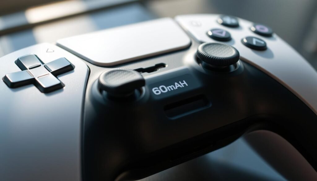 A close-up view of a PlayStation 5 DualSense controller, prominently featuring the battery compartment. The battery, labeled 1560mAh, is partially visible inside the controller, designed to showcase its sleek design and modern technology. The foreground should include fine details such as the textured grips and buttons, while the background remains a soft blur to highlight the controller. Natural lighting illuminates the controller, creating reflections on its glossy surface. The mood is technical and futuristic, emphasizing innovation in gaming accessories. Shot with a macro lens at a slight angle, capturing depth and detail without any text or overlays. A close-up view of a PlayStation 5 DualSense controller, prominently featuring the battery compartment. The battery, labeled 1560mAh, is partially visible inside the controller, designed to showcase its sleek design and modern technology. The foreground should include fine details such as the textured grips and buttons, while the background remains a soft blur to highlight the controller. Natural lighting illuminates the controller, creating reflections on its glossy surface. The mood is technical and futuristic, emphasizing innovation in gaming accessories. Shot with a macro lens at a slight angle, capturing depth and detail without any text or overlays.