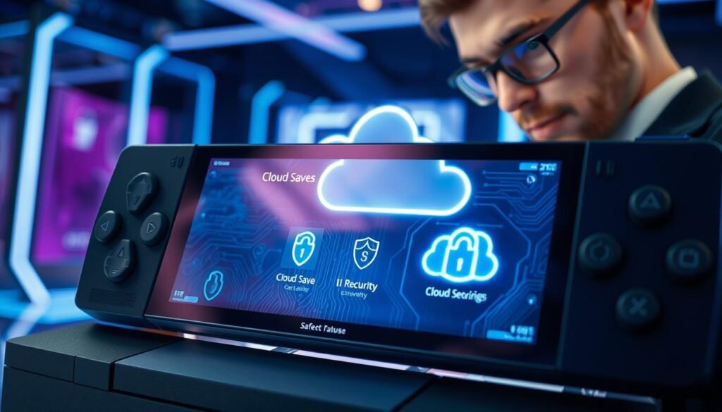 A close-up view of a PlayStation console in a high-tech environment, showcasing an interface displaying cloud save features, emphasizing security icons like locks and shields. In the foreground, a focused gamer in professional attire examines their screen, reflecting a sense of trust and reliability. The middle layer includes subtle elements like glowing circuit patterns and digital clouds integrating into the console, symbolizing cloud technology and security. The background features a futuristic room with soft blue and purple LED lighting, creating an atmosphere of advanced technology and safety. A soft focus on the edges enhances the central subject, evoking a mood of protection and innovation. A close-up view of a PlayStation console in a high-tech environment, showcasing an interface displaying cloud save features, emphasizing security icons like locks and shields. In the foreground, a focused gamer in professional attire examines their screen, reflecting a sense of trust and reliability. The middle layer includes subtle elements like glowing circuit patterns and digital clouds integrating into the console, symbolizing cloud technology and security. The background features a futuristic room with soft blue and purple LED lighting, creating an atmosphere of advanced technology and safety. A soft focus on the edges enhances the central subject, evoking a mood of protection and innovation.