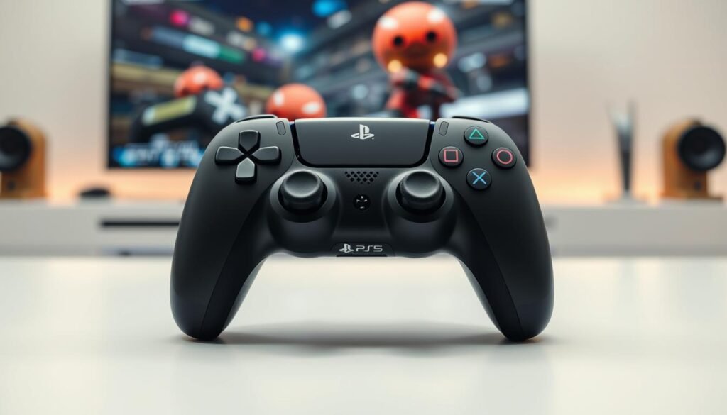 A detailed image of a PlayStation 5 DualSense controller, prominently featured in the foreground, showcasing its sleek design with intricate detailing of the buttons and textured grips. The controller is positioned on a clean, white surface to emphasize its modern aesthetics. In the middle ground, a subtle hint of a gaming setup is visible, including a blurred-out console and a monitor displaying vibrant gameplay. The background is soft and understated, perhaps with hints of ambient lighting, creating a tech-savvy atmosphere. The lighting is bright yet soft, highlighting the controller's contours, with a slight reflection visible on the surface below it. The overall mood is one of excitement and anticipation, appealing to gamers and tech enthusiasts. A detailed image of a PlayStation 5 DualSense controller, prominently featured in the foreground, showcasing its sleek design with intricate detailing of the buttons and textured grips. The controller is positioned on a clean, white surface to emphasize its modern aesthetics. In the middle ground, a subtle hint of a gaming setup is visible, including a blurred-out console and a monitor displaying vibrant gameplay. The background is soft and understated, perhaps with hints of ambient lighting, creating a tech-savvy atmosphere. The lighting is bright yet soft, highlighting the controller's contours, with a slight reflection visible on the surface below it. The overall mood is one of excitement and anticipation, appealing to gamers and tech enthusiasts.