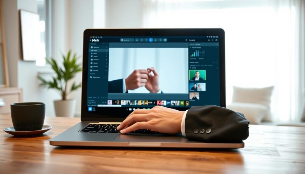 A modern web interface of Pixlr, showcased on a sleek laptop resting on a wooden desk. The foreground features the laptop screen displaying the Pixlr photo editing tool, vibrant interface with various editing tools and options visible. In the middle ground, a pair of hands of a user, dressed in professional business attire, actively working on a photo editing project. The background has a bright, airy room filled with natural light streaming through a window, showcasing a plant and minimalistic decor. The atmosphere is productive and efficient, emphasizing a practical online editing experience. Use soft lighting to highlight the screen's colors and create a warm, inviting ambiance. A modern web interface of Pixlr, showcased on a sleek laptop resting on a wooden desk. The foreground features the laptop screen displaying the Pixlr photo editing tool, vibrant interface with various editing tools and options visible. In the middle ground, a pair of hands of a user, dressed in professional business attire, actively working on a photo editing project. The background has a bright, airy room filled with natural light streaming through a window, showcasing a plant and minimalistic decor. The atmosphere is productive and efficient, emphasizing a practical online editing experience. Use soft lighting to highlight the screen's colors and create a warm, inviting ambiance.