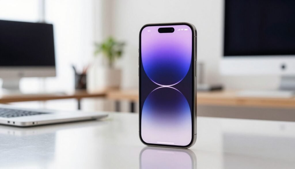 A sleek iPhone 16e showcasing innovative Apple Intelligence features, prominently displayed in a bright, modern setting. The phone should be shown at an angle that highlights its thin profile and vibrant screen showcasing a dynamic interface. The foreground includes a subtle reflection on a polished surface, emphasizing the premium design. In the middle ground, a blurred workspace with a stylish desk and contemporary accessories, evoking a tech-savvy environment. Soft, natural lighting floods the scene, enhancing the colors of the device, while maintaining a professional atmosphere. The background features light, airy decor that complements the iPhone’s elegance, creating a forward-thinking mood of innovation and technology.