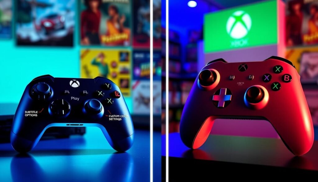 A split-screen image illustrating the accessibility features of gaming on PlayStation and Xbox. On the left, a PlayStation console gleams under soft blue lighting, showcasing a game controller with highlighted features like subtitle options, accessibility menus, and custom color settings. To the right, an Xbox console is bathed in green light, with its controller displaying options for colorblind modes and other assistive technologies. In the background, a vibrant room filled with gaming posters and shelves of games creates a lively atmosphere. The focus is on the controllers, emphasizing modern design and usability. The overall mood is inviting and informative, perfect for showcasing the advances in gaming accessibility.
