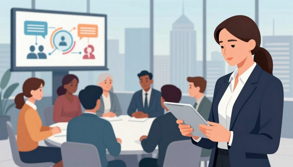 A vibrant and engaging illustration depicting the concept of media and advertising in the context of political impact and public governance. In the foreground, a professional businesswoman stands confidently with a tablet, analyzing data on political trends, dressed in formal attire. In the middle ground, a diverse group of people are discussing ideas around a round table, showcasing collaboration and transparency, their expressions focused and determined. The background features a city skyline symbolizing modern democracy, with billboards displaying abstract illustrations of communication and media influence. Soft natural lighting highlights the figures, creating a hopeful and serious atmosphere. The angle is slightly elevated to capture the dynamic interaction between the subjects, immersing viewers in this impactful political narrative. A vibrant and engaging illustration depicting the concept of media and advertising in the context of political impact and public governance. In the foreground, a professional businesswoman stands confidently with a tablet, analyzing data on political trends, dressed in formal attire. In the middle ground, a diverse group of people are discussing ideas around a round table, showcasing collaboration and transparency, their expressions focused and determined. The background features a city skyline symbolizing modern democracy, with billboards displaying abstract illustrations of communication and media influence. Soft natural lighting highlights the figures, creating a hopeful and serious atmosphere. The angle is slightly elevated to capture the dynamic interaction between the subjects, immersing viewers in this impactful political narrative.