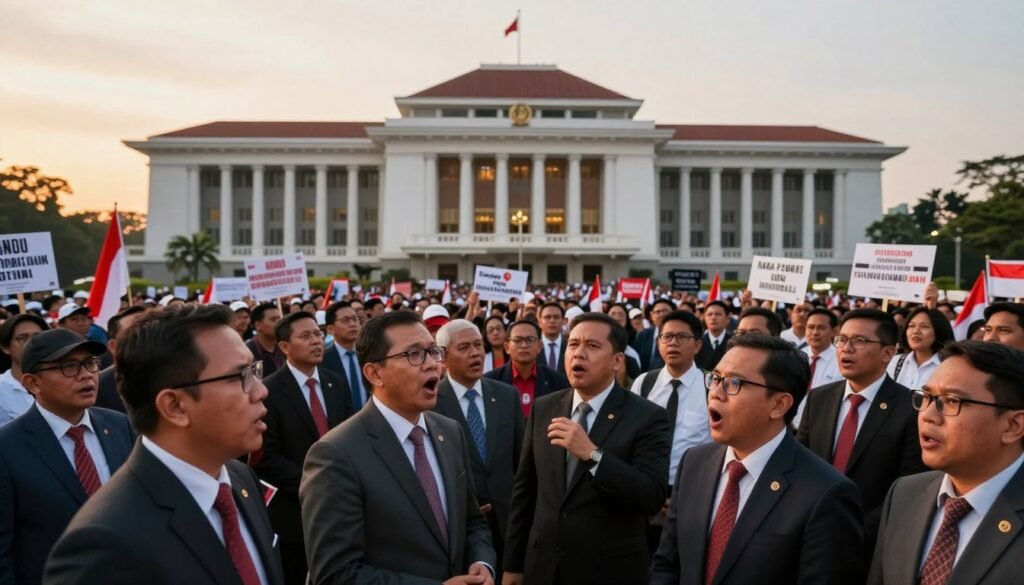 A vibrant depiction of the Indonesian Parliament Building (Gedung DPR) during a mass protest, showcasing a large crowd of people dressed in professional business attire, engaged in an animated discussion. In the foreground, a diverse group of individuals, including men and women, can be seen expressing various emotions such as surprise and concern, emphasizing the urgency of the moment. The middle ground features a sea of raised signs and banners, representing democratic expression, while the iconic architecture of the Gedung DPR looms majestically in the background, bathed in the warm golden light of an early evening sunset. The scene captures a lively atmosphere, blending tension and hope, with dynamic angles highlighting the energy of the gathering, and a soft focus on the crowd, creating depth and emphasizing the significance of the event. A vibrant depiction of the Indonesian Parliament Building (Gedung DPR) during a mass protest, showcasing a large crowd of people dressed in professional business attire, engaged in an animated discussion. In the foreground, a diverse group of individuals, including men and women, can be seen expressing various emotions such as surprise and concern, emphasizing the urgency of the moment. The middle ground features a sea of raised signs and banners, representing democratic expression, while the iconic architecture of the Gedung DPR looms majestically in the background, bathed in the warm golden light of an early evening sunset. The scene captures a lively atmosphere, blending tension and hope, with dynamic angles highlighting the energy of the gathering, and a soft focus on the crowd, creating depth and emphasizing the significance of the event.