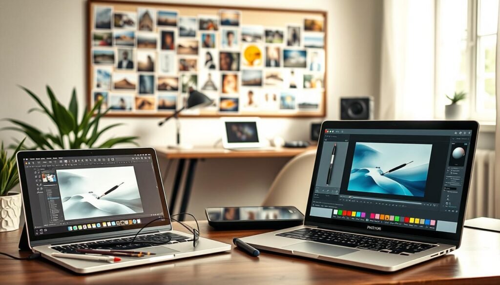 A visually engaging workspace setup showcasing an array of photo editing tools and software interfaces. In the foreground, a modern laptop displays an advanced editing application, tools like brushes and color palettes scattered artistically around it. The middle layer features a stylish desk equipped with a tablet and a graphic pen, with a minimalist design emphasizing creativity. In the background, a softly lit room with inspiration board featuring diverse images symbolizing various editing needs. Natural light streams through a window, creating a warm, inviting atmosphere. Capture the mood of a professional yet comfortable editing environment, emphasizing selection and organization, with a focus on creativity and productivity. No text or other overlays should be present. A visually engaging workspace setup showcasing an array of photo editing tools and software interfaces. In the foreground, a modern laptop displays an advanced editing application, tools like brushes and color palettes scattered artistically around it. The middle layer features a stylish desk equipped with a tablet and a graphic pen, with a minimalist design emphasizing creativity. In the background, a softly lit room with inspiration board featuring diverse images symbolizing various editing needs. Natural light streams through a window, creating a warm, inviting atmosphere. Capture the mood of a professional yet comfortable editing environment, emphasizing selection and organization, with a focus on creativity and productivity. No text or other overlays should be present.