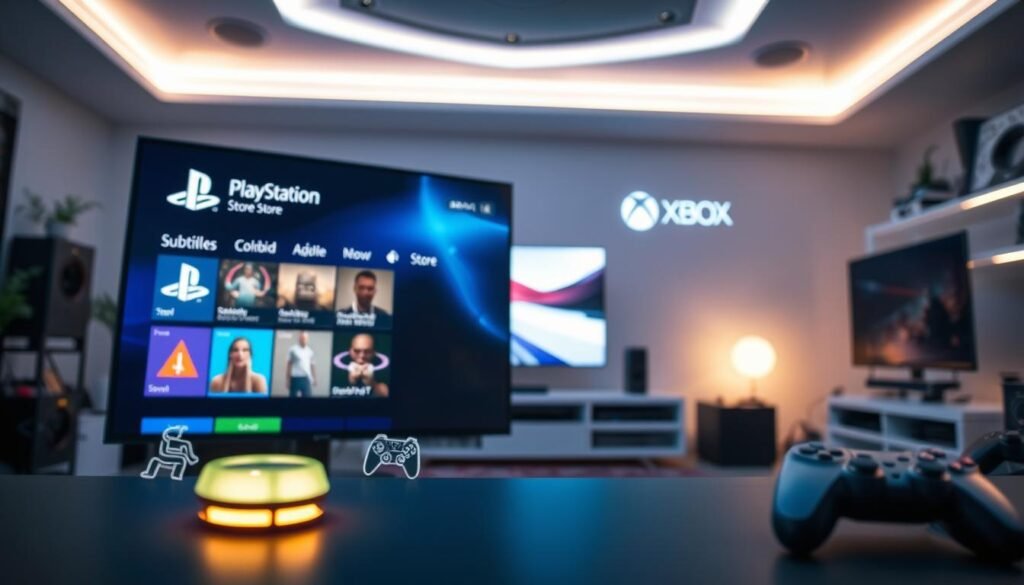 A visually striking composition showcasing "accessibility tags" in a digital gaming environment. In the foreground, a vibrant, futuristic PlayStation Store and Xbox Store interface is displayed on a sleek, modern screen, highlighting various colorful accessibility tags like subtitles, colorblind mode, and adaptive controls. The middle ground features stylized, semi-transparent icons representing different accessibility features subtly glowing into the scene. In the background, a well-lit gaming room with soft ambient lighting sets a welcoming atmosphere, adorned with gaming consoles and accessories. The lens gives a slight depth of field, focusing on the screen while softening the background details. The mood is inviting and inclusive, emphasizing innovation in gaming accessibility, with a harmonious blend of modern technology and user-friendly design.