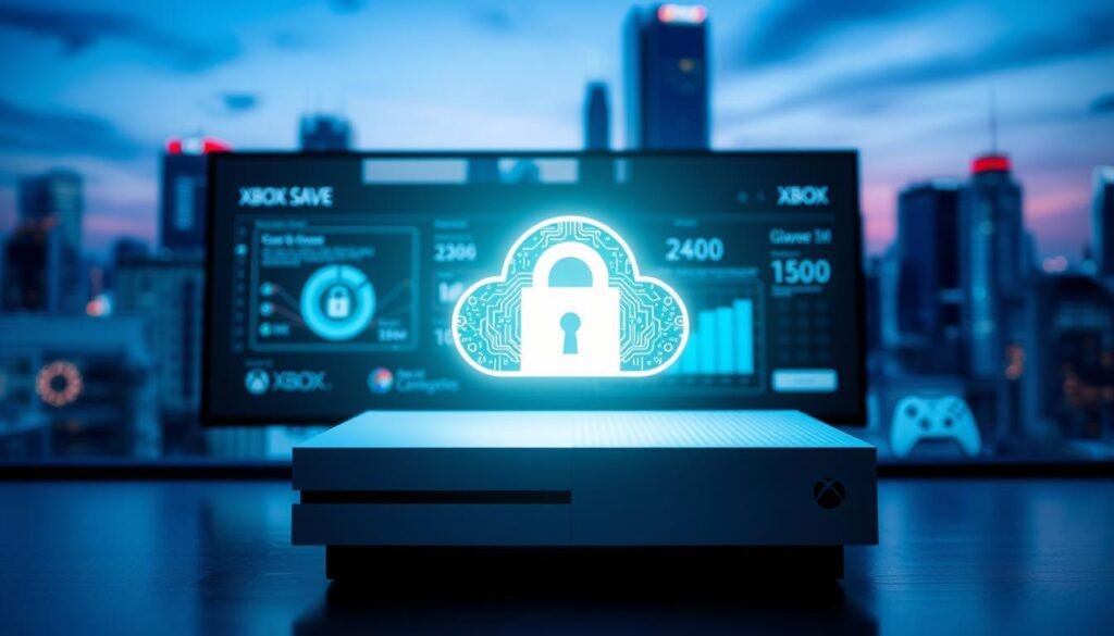 A visually striking image depicting Xbox cloud save security, showcasing a sleek Xbox console with a glowing cloud icon above it, symbolizing secure data storage. In the foreground, a modern digital lock with circuit patterns emphasizes protection. In the middle ground, a blurred gaming setup featuring a high-definition gaming monitor, displaying a cybersecurity dashboard with graphs and locks, enhances the focus on technology. The background features a futuristic city skyline at dusk, illuminated with cool blue and purple hues, suggesting a sense of advanced technology and safety. Soft, dramatic lighting casts shadows, creating a secure yet inviting atmosphere. The composition should be captured at a slight upward angle, giving prominence to the Xbox console and enhancing the skyline backdrop. A visually striking image depicting Xbox cloud save security, showcasing a sleek Xbox console with a glowing cloud icon above it, symbolizing secure data storage. In the foreground, a modern digital lock with circuit patterns emphasizes protection. In the middle ground, a blurred gaming setup featuring a high-definition gaming monitor, displaying a cybersecurity dashboard with graphs and locks, enhances the focus on technology. The background features a futuristic city skyline at dusk, illuminated with cool blue and purple hues, suggesting a sense of advanced technology and safety. Soft, dramatic lighting casts shadows, creating a secure yet inviting atmosphere. The composition should be captured at a slight upward angle, giving prominence to the Xbox console and enhancing the skyline backdrop.