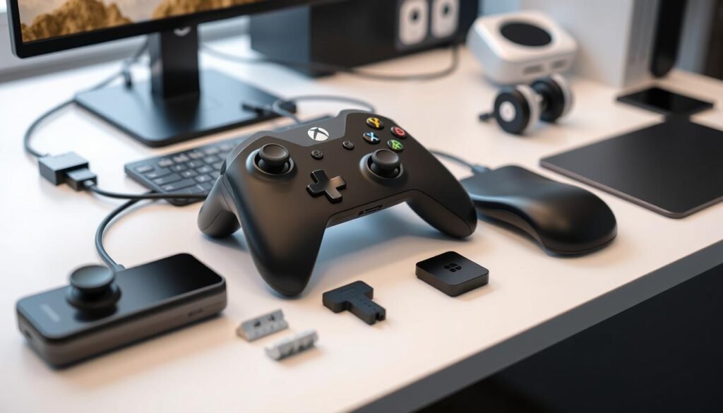 Gambar Microsoft Adaptive Controller dengan berbagai perangkat tambahan yang terhubung