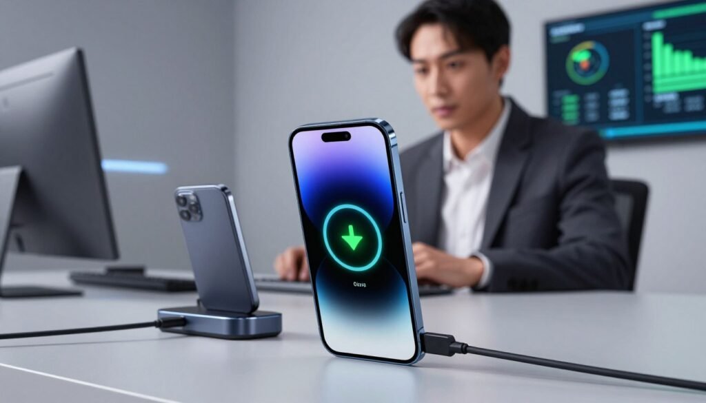 A modern smartphone placed prominently in the foreground, showcasing an advanced fast charging technology concept. The smartphone's screen is aglow with charging indicators, demonstrating wireless and reverse charging capabilities. Surrounding the phone are sleek charging docks and cables, designed with a futuristic aesthetic. In the middle ground, a tech-savvy individual, dressed in professional business attire, observes the smartphone with an expression of curiosity and admiration. The background features a minimalist workspace illuminated by soft, diffused lighting, hinting at innovation with digital screens displaying charging statistics. The mood is dynamic and forward-looking, emphasizing the cutting-edge nature of smartphone charging technology, with a focus on speed and efficiency. A modern smartphone placed prominently in the foreground, showcasing an advanced fast charging technology concept. The smartphone's screen is aglow with charging indicators, demonstrating wireless and reverse charging capabilities. Surrounding the phone are sleek charging docks and cables, designed with a futuristic aesthetic. In the middle ground, a tech-savvy individual, dressed in professional business attire, observes the smartphone with an expression of curiosity and admiration. The background features a minimalist workspace illuminated by soft, diffused lighting, hinting at innovation with digital screens displaying charging statistics. The mood is dynamic and forward-looking, emphasizing the cutting-edge nature of smartphone charging technology, with a focus on speed and efficiency.