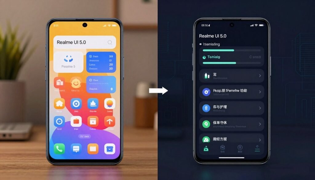 A split-screen digital illustration showcasing the pros and cons of Realme UI 5.0. On the left side, depict a vibrant and sleek smartphone interface displaying user-friendly widgets, customization options, and smooth animations, illuminated by soft, warm lighting to create an inviting atmosphere. On the right side, present the drawbacks with a darker, slightly cluttered interface, highlighting elements like lag, battery drain, and complex settings, captured in cool lighting to evoke a sense of frustration. In the background, incorporate tech-themed abstract patterns that subtly connect both halves, suggesting a balance between positive and negative aspects. Use a shallow depth of field to focus on the smartphones, hinting at a modern workspace environment, encouraging an analytical exploration of the user experience. The overall mood should be thoughtful and engaging, ideal for a critical review.