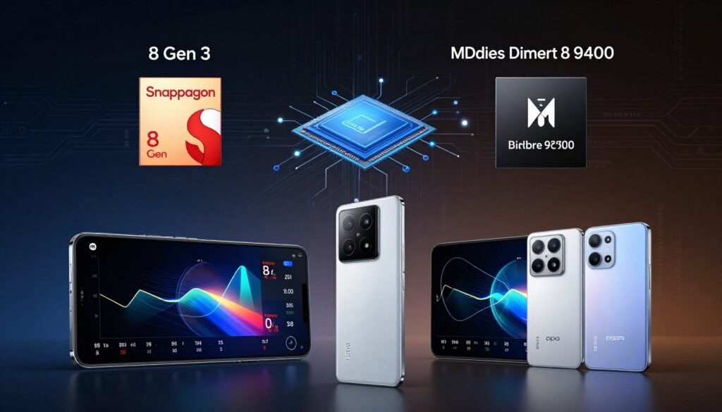 A striking comparison image illustrating the benchmark performance of flagship chipsets, featuring the Snapdragon 8 Gen 3 and MediaTek Dimensity 9400. In the foreground, two sleek smartphones representing Xiaomi 14 and OPPO Find X8 are positioned side by side, their screens illuminated to showcase dynamic, colorful performance graphs and benchmark scores. The middle layer highlights technical specifications, including chip designs and performance metrics, drawn artistically in a modern infographic style. The background features an abstract tech-themed design with flowing circuits and binary codes subtly blending into a dark gradient, enhancing the focus on the phones. Soft, dramatic lighting adds an authoritative ambiance, capturing the essence of a high-stakes technology duel, evoking a sense of innovation and competition. A striking comparison image illustrating the benchmark performance of flagship chipsets, featuring the Snapdragon 8 Gen 3 and MediaTek Dimensity 9400. In the foreground, two sleek smartphones representing Xiaomi 14 and OPPO Find X8 are positioned side by side, their screens illuminated to showcase dynamic, colorful performance graphs and benchmark scores. The middle layer highlights technical specifications, including chip designs and performance metrics, drawn artistically in a modern infographic style. The background features an abstract tech-themed design with flowing circuits and binary codes subtly blending into a dark gradient, enhancing the focus on the phones. Soft, dramatic lighting adds an authoritative ambiance, capturing the essence of a high-stakes technology duel, evoking a sense of innovation and competition.